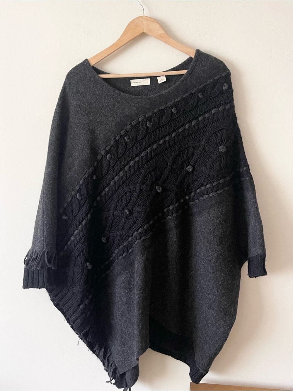 Sleeping On Snow Wool Blend Charcoal Knit Poncho Sweater - Women size M L